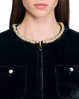 riva Pleated trim patchwork velvet mini dress in black