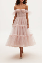 Misty Rose Ruffled Tulle Midi Dress