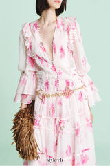 kimberley pink v-neck floral print printed maxi dress