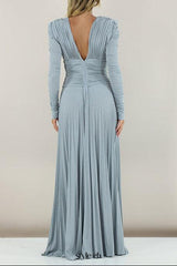 meroy Deep V puff sleeve pleated maxi dress in pale blue