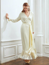 belted satin fringe-hem dress in beige