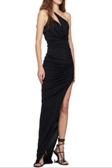 one-shoulder sleeveless ruched bodycon maxi dress in black