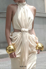 stephanie Cutout Waist halter Maxi Dress in beige