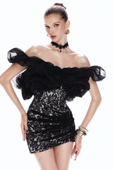 freda off-shoulder Lace pleated bodycon mini dress in black