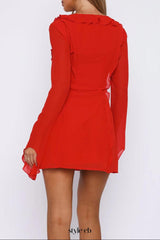 Ruffled Tie Deep V Chiffon mini Dress in red