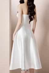 mignon 3d flower satin strapless midi dress in white
