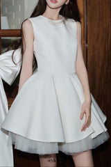 carol mesh stitching sleeveless tutu dress in white