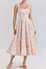 gemma Floral Cream Lace-Up Stretch Cotton Midi Dress