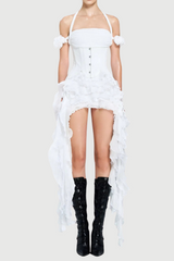 elva halter three-dimensional flower irregular tassel mini dress in white