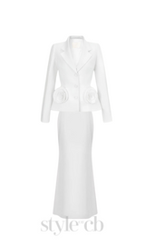 flower embellished jacket skirt set in white