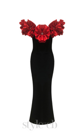 red flower embellished strapless Bandage maxi dress