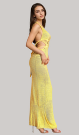 BIRIDI HALTER SHEER KNIT DRESS IN YELLOW