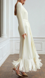 belted satin fringe-hem dress in beige