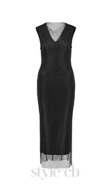 sleeveless mesh shift midi dress in black