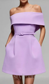belted off-shoulder a-line mini dress in purple