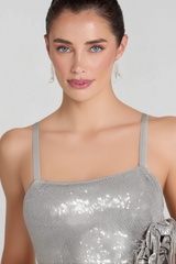 SARA SLIVER SEQUIN STEREO FLOWER SPAGHETTI STRAPS MAXI DRESS