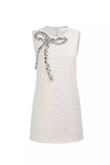 Bow Sequin Tweed Sleeveless mini dress in white