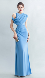 CASI SIDE-SLIT DRAPED JERSEY GOWN IN BLUE
