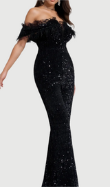 off-shoulder sequin jumpsuit in black