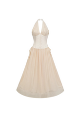 tiffany halterneck tulle overlay maxi dress in apricot