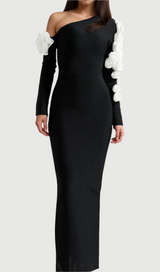 One Shoulder flower embellished Cutout Bandage Maxi Dress in black