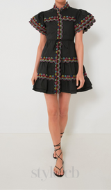 WAVY RUCHED TRIM MINI DRESS IN BLACK