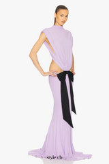 bernice Bow Patch Cut Backless Maxi Dress in purple