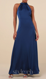 Blue Satin Pleated Mock Neck Maxi Dress
