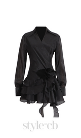 flower ruffle ribbon mini dress in black