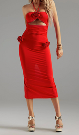 Flower Halter Cut Out Dress in red
