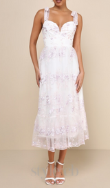 Floral Embroidered Tie-Strap Midi Dress in white