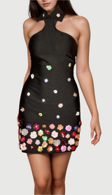 HALTER EMBELLISHED FLOWERS MINI DRESS