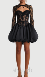 sally lace puffball mini dress in black