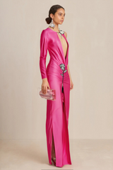 CRYSTAL FLOWER CUTOUT RUCHED DRESS