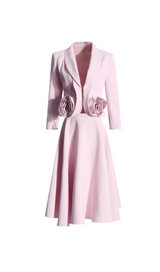 CAROL PINK 3D FLORAL BLAZER & HIGH WAIST MIDI SKIRT SET