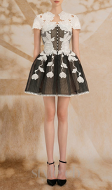black-white lace flower embellished mini dress