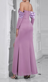 CHARLOTTE OFF-SHOULDER PEARL HALTER MAXI DRESS IN PURPLE