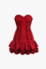 sally ruffle trim strapless mini dress in red