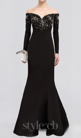 crystal embellished off-shoulder gown in black
