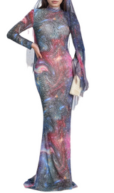 aurora printed hot drill maxi dress