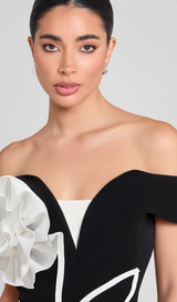 TINA 3D FLOWER EMBELLISHED STRAPLESS HALTER MINI DRESS