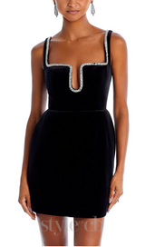 PAULA RHINESTONE TRIM BLACK STRAP MINI DRESS