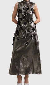 aditi 3d floral embellished maxi dress in grey