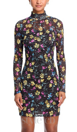 Puckered Lace mini Dress in Black Multi