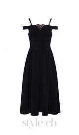 AMY LACE V-NECK PEARL STRAP MIDI MIDI DRESS IN BLACK