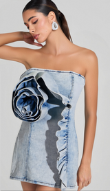 ALISON BLUE RUFFLED TRIM STRAPLESS DENIM MINI DRESS