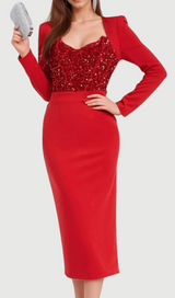 MELISSA LONG SLEEVE PATCHWORK SEQUIN MIDI DRESS IN RED
