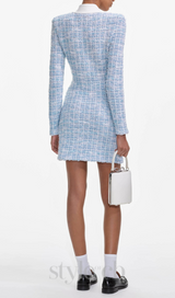 check collared knit mini dress in blue