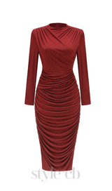 Diamond embellished pleated Midi Dress in merlot