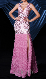 floral sequin split maxi dress in pink